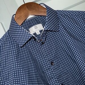 Christian Lacroix Men's M 15.5 Navy With White Diamond Print LS Button Up Modern